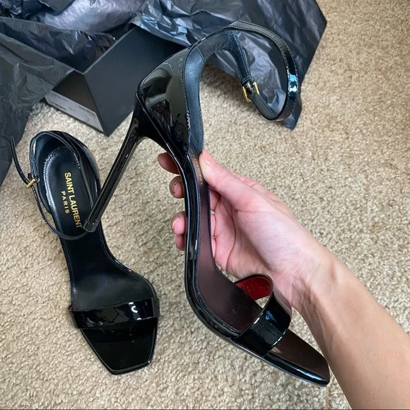 SAINT LAURENT BLACK PATENT VERNICE CHIFFON LEATHER HIGH HEEL SIZE 37 /7 - Picture 11 of 16